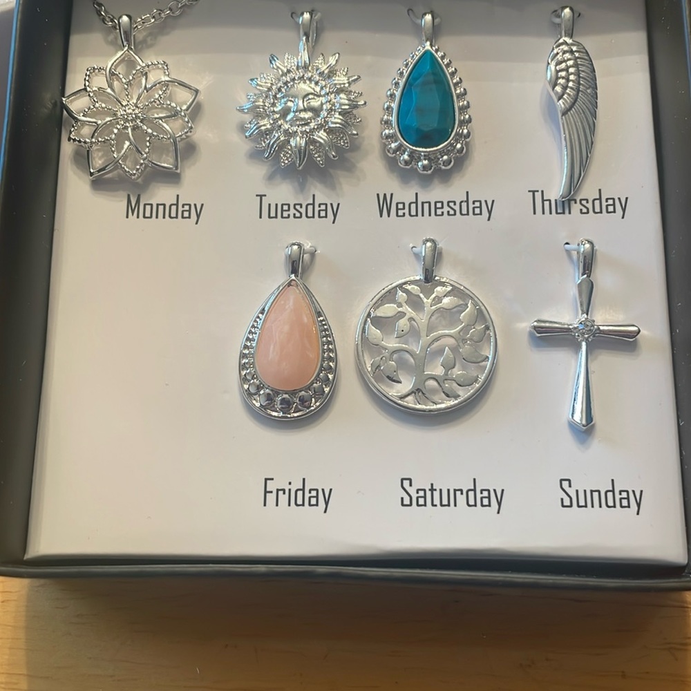 Necklace set includes7 different charms for each day of the week